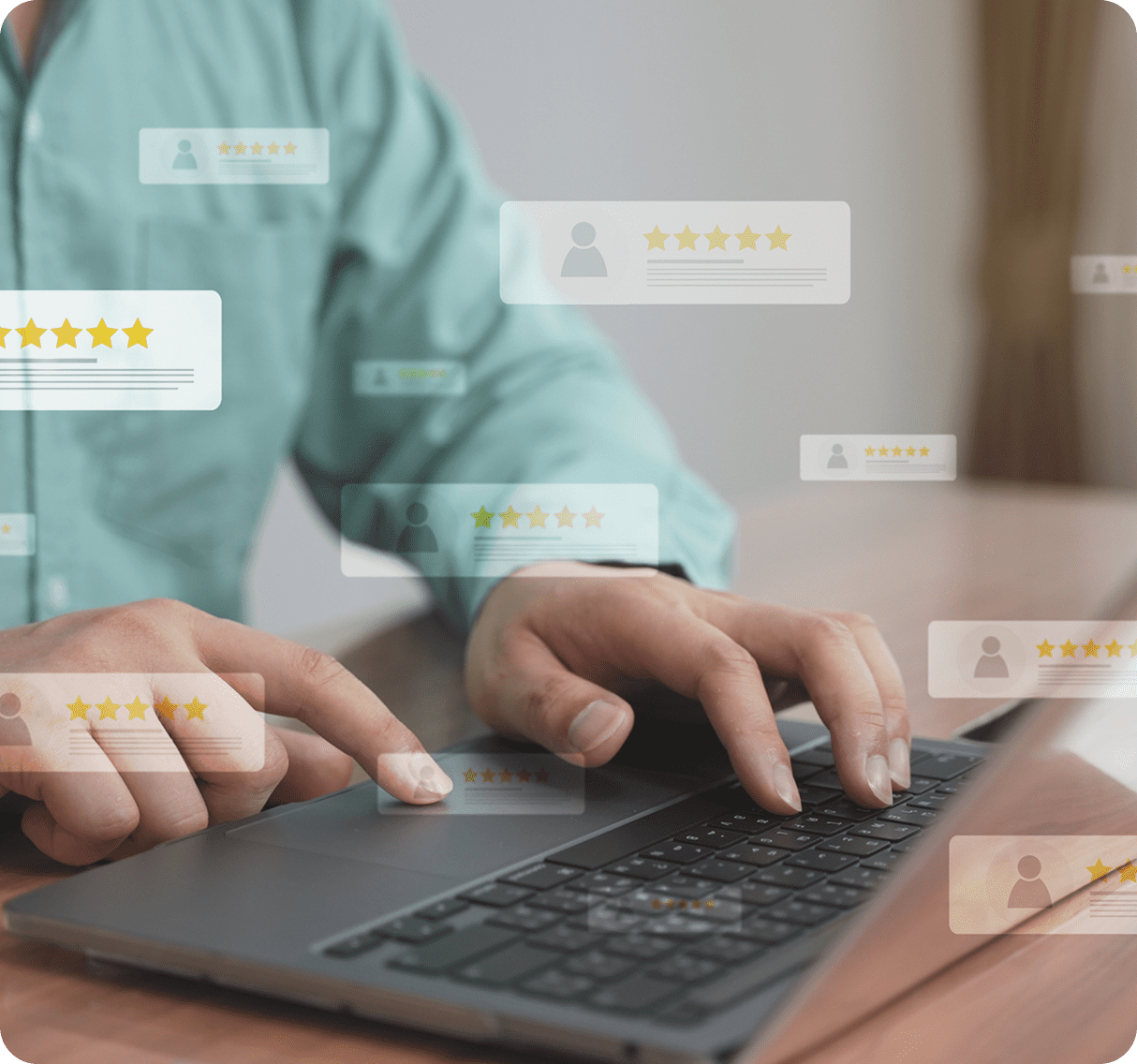 Person typing laptop with floating reviews overlay.