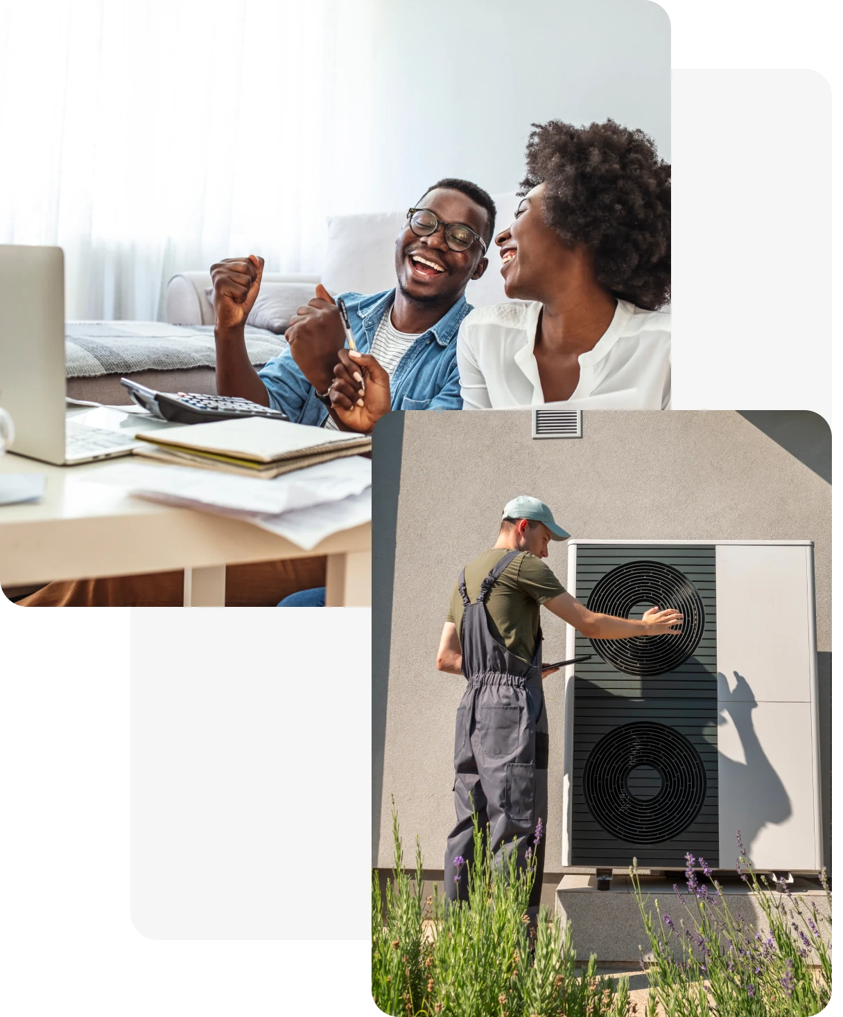 Couple celebrating, technician inspecting air conditioning unit.