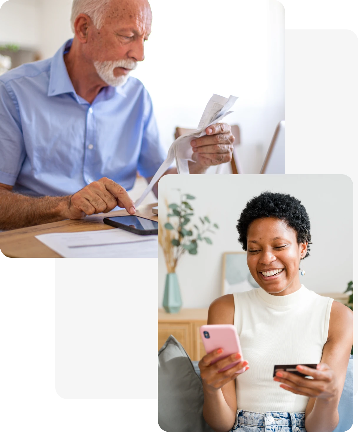 People using smartphones for financial tasks.