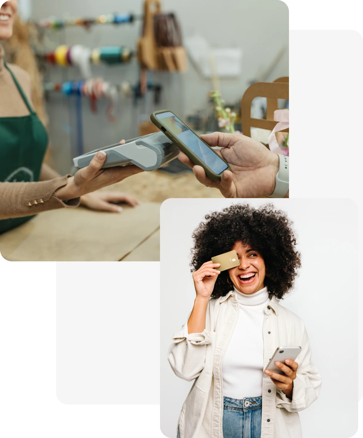 Mobile payment and smiling woman with card.
