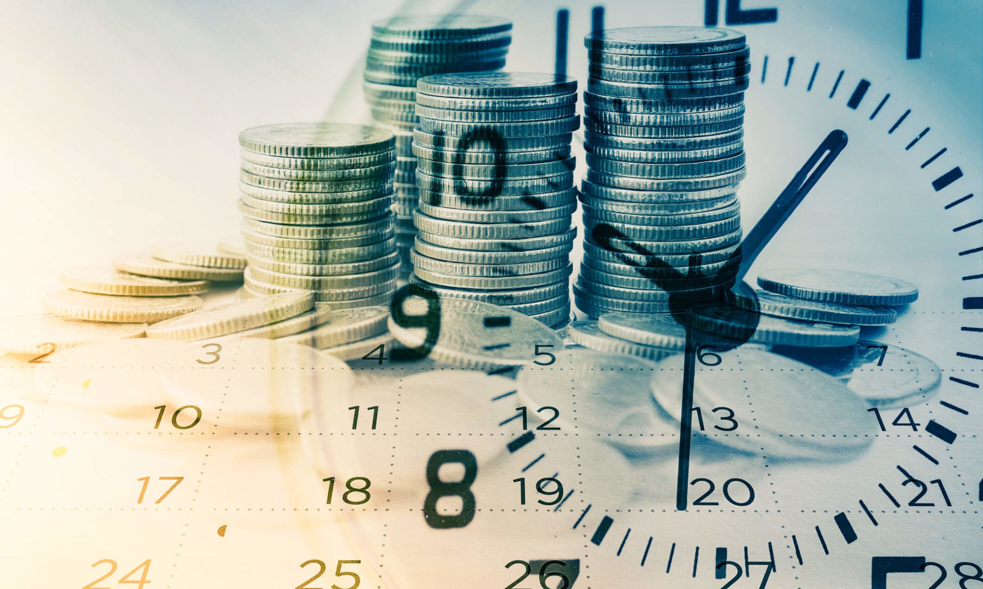 Coins stacked on calendar with clock overlay.