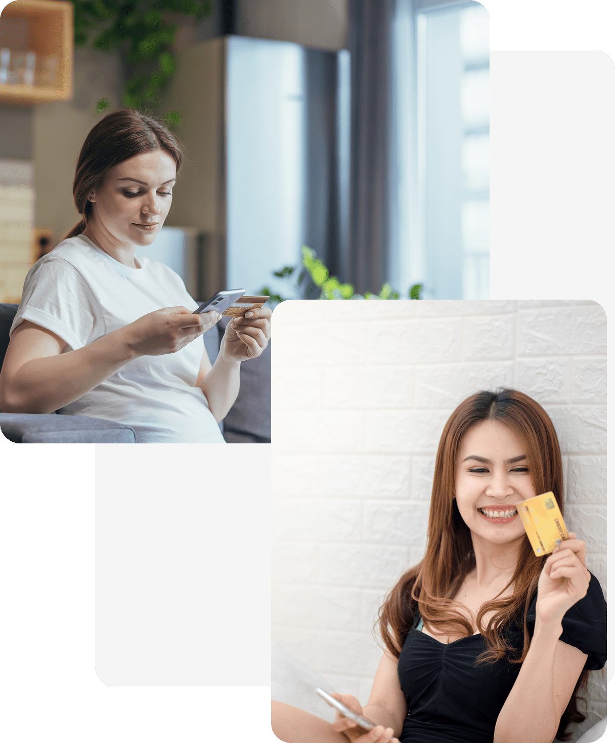 Women holding credit cards and smiling.