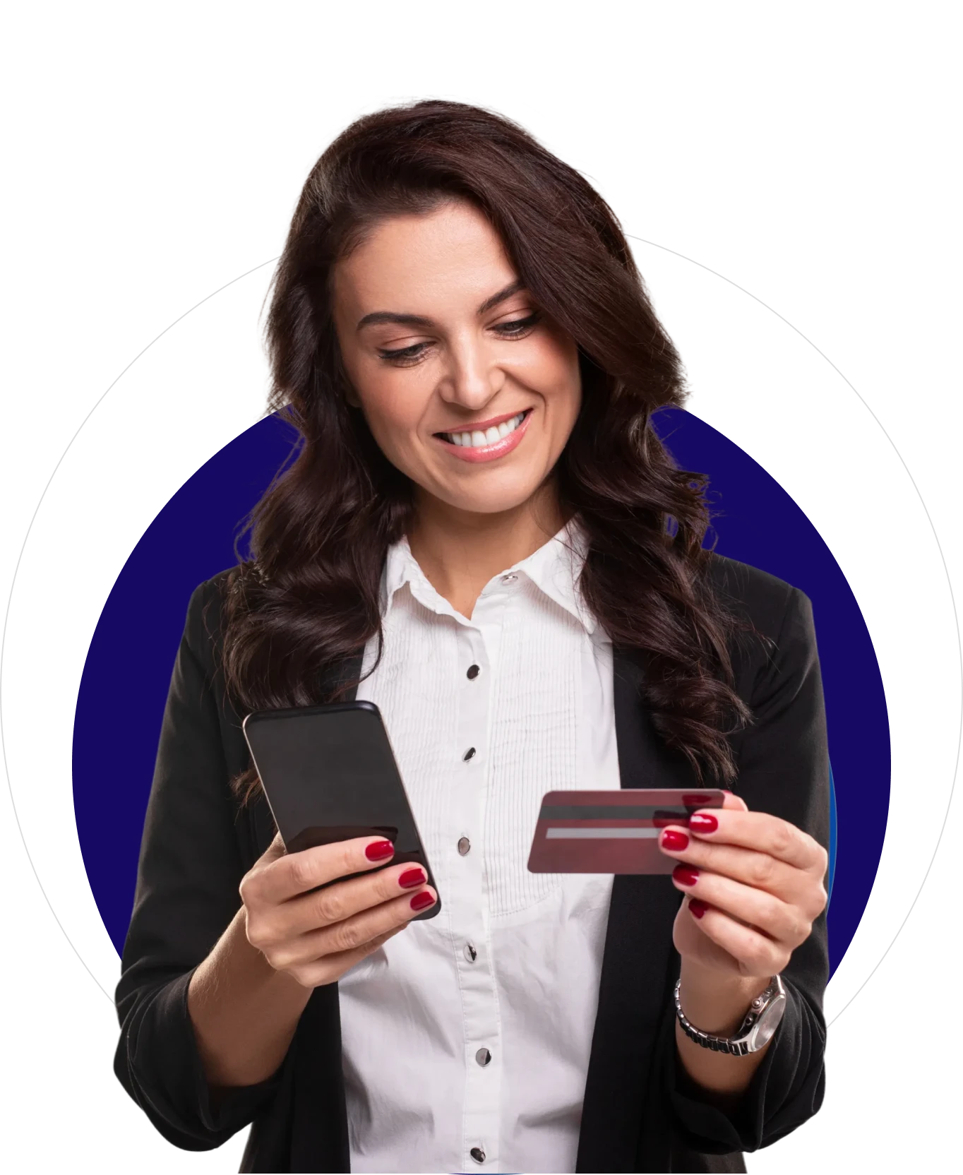 Woman holding phone and credit card, smiling.